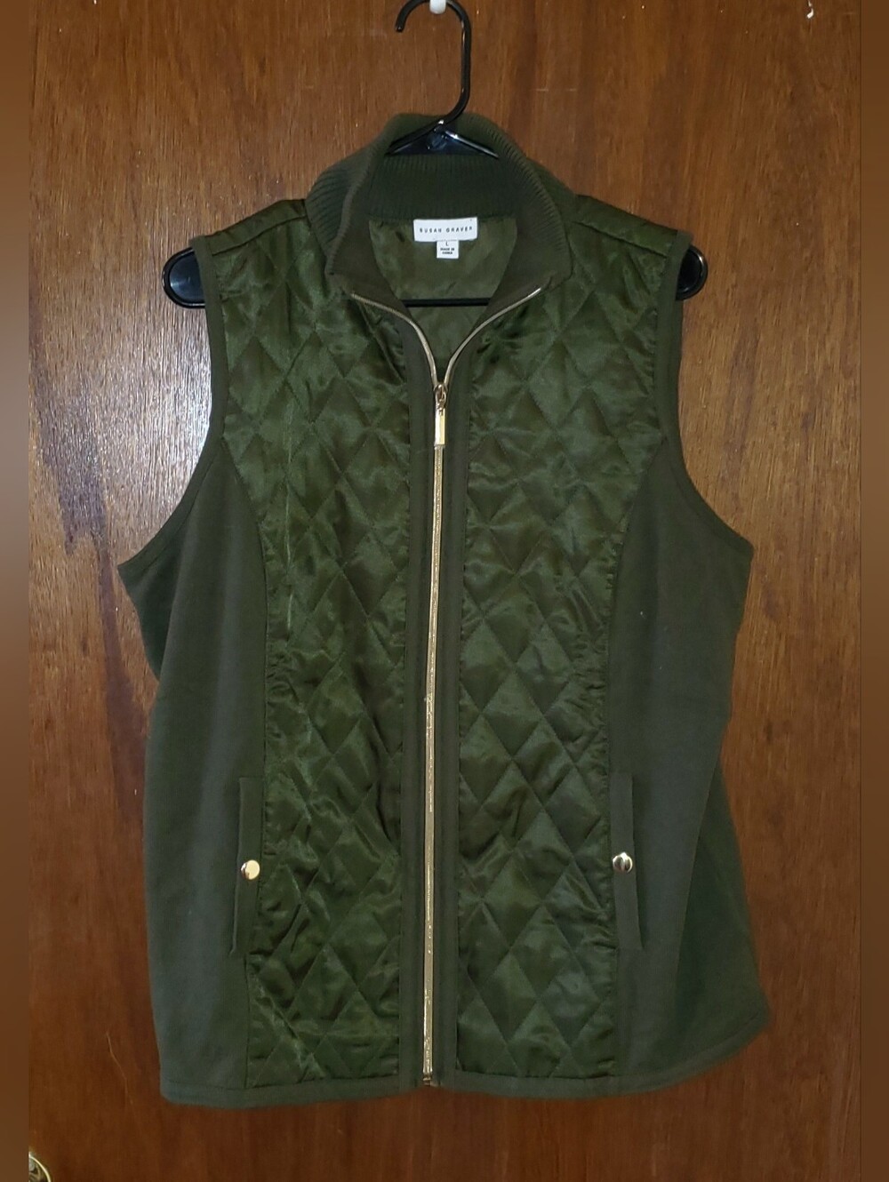 Susan Graver Quilted Olive Green Vest with Gold Zip Sz Large